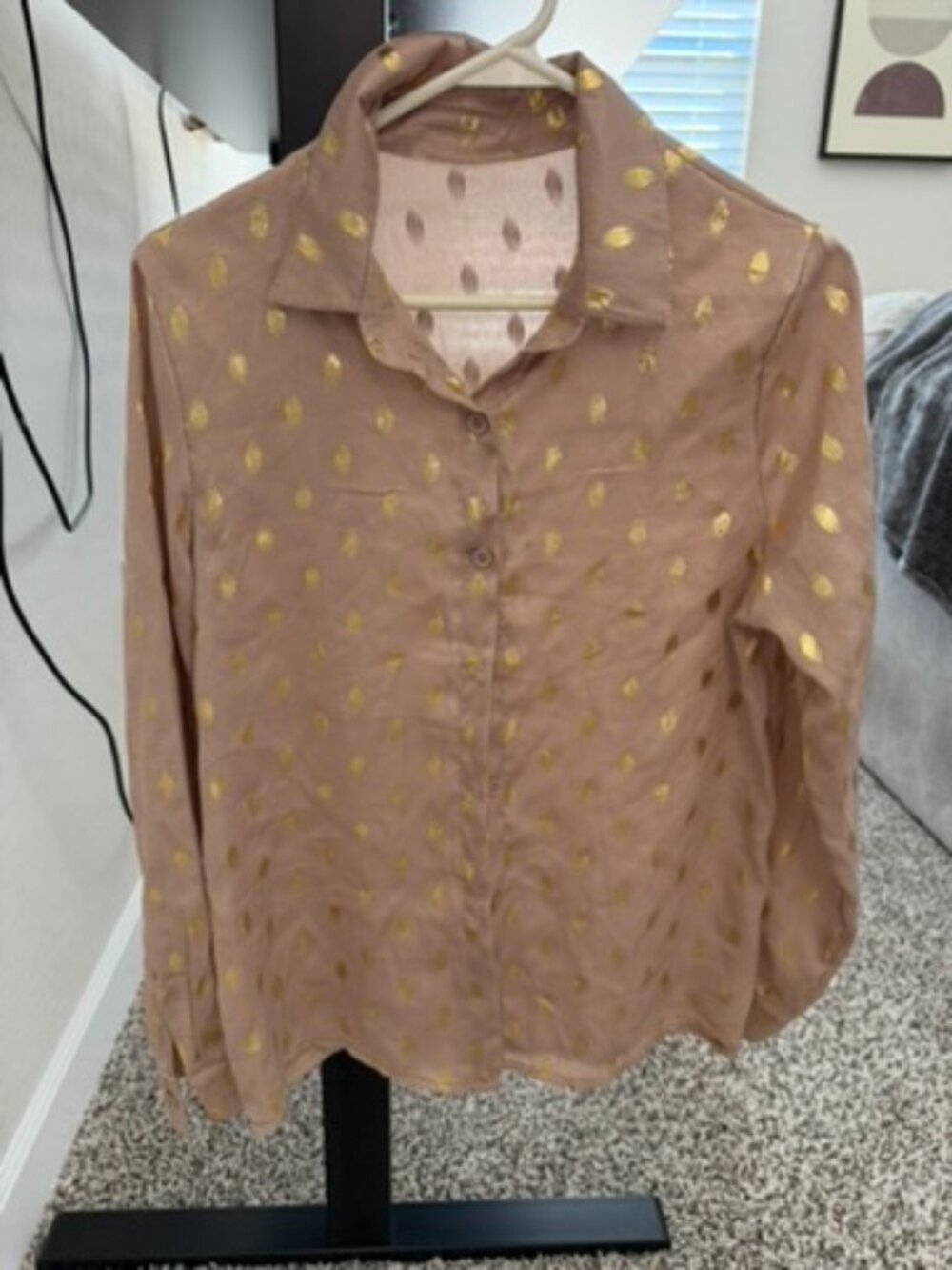 Tan Gold Metallic Dot Button-Down Blouse | Long Sleeve | Pre-Owned